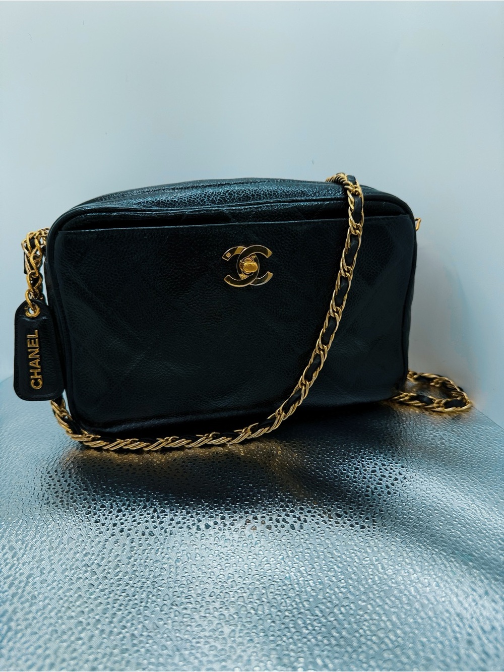 CHANEL Black Leather Quilted Crossbody with Gold Chain Vintage Camera Bag